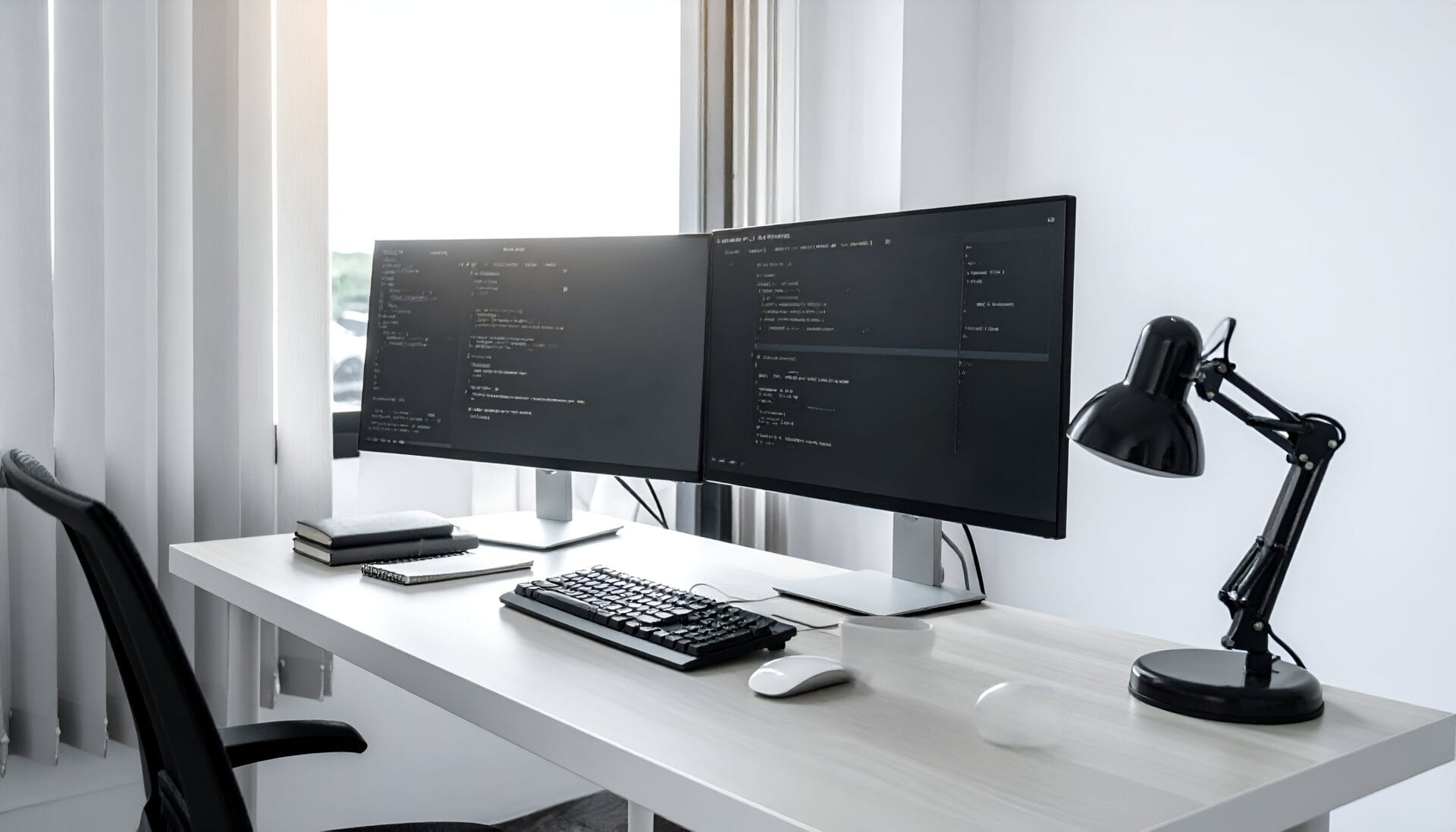modern workspace featuring dual monitors displaying code, sleek desk setup with lamp and books