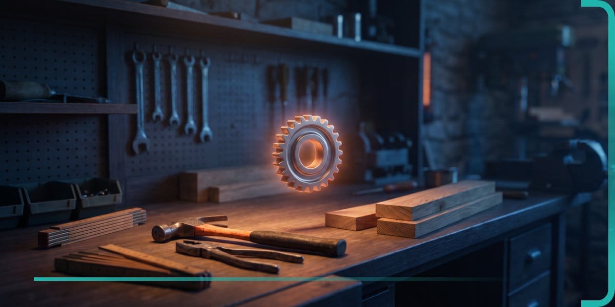 Werkbank mit Handwerkszeug und einem leuchtenden Zahnrad als Symbol fuer KI im Handwerk